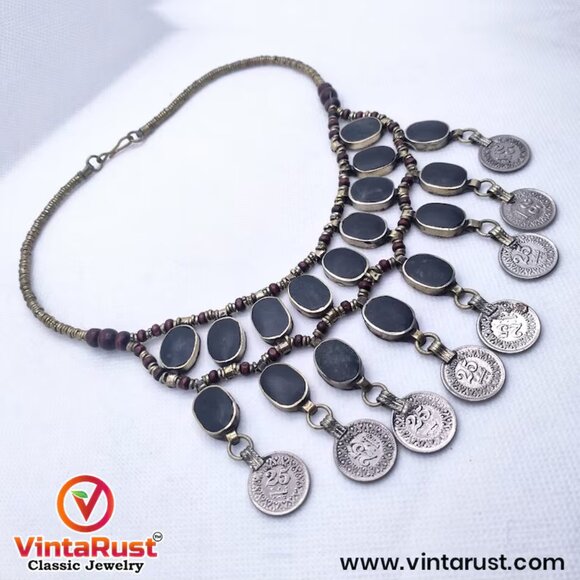 Vintage Dangle Coins and Stones Necklace, Ethnic Necklace, Tribal Bib Necklace - Picture 8 of 10